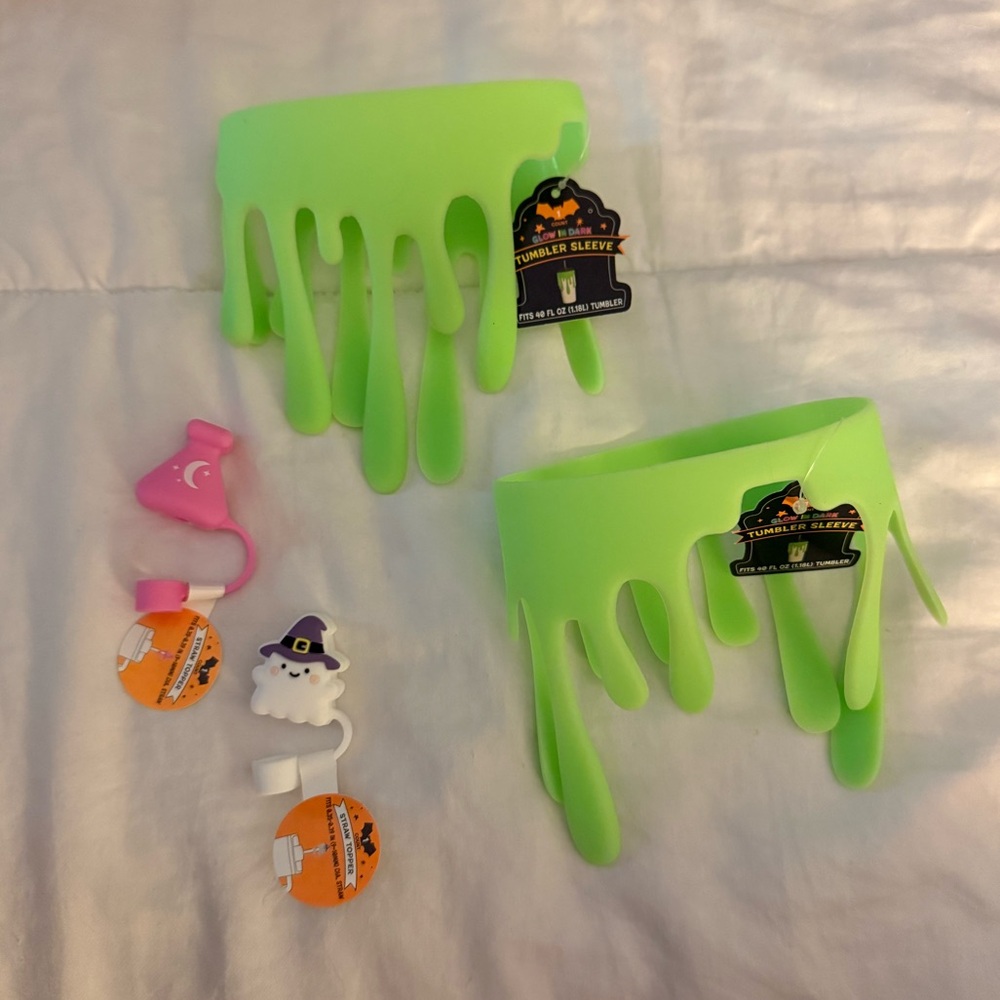 SET OF 2 Target Halloween glow in the dark tumbler slime sleeve, 2 straw toppers